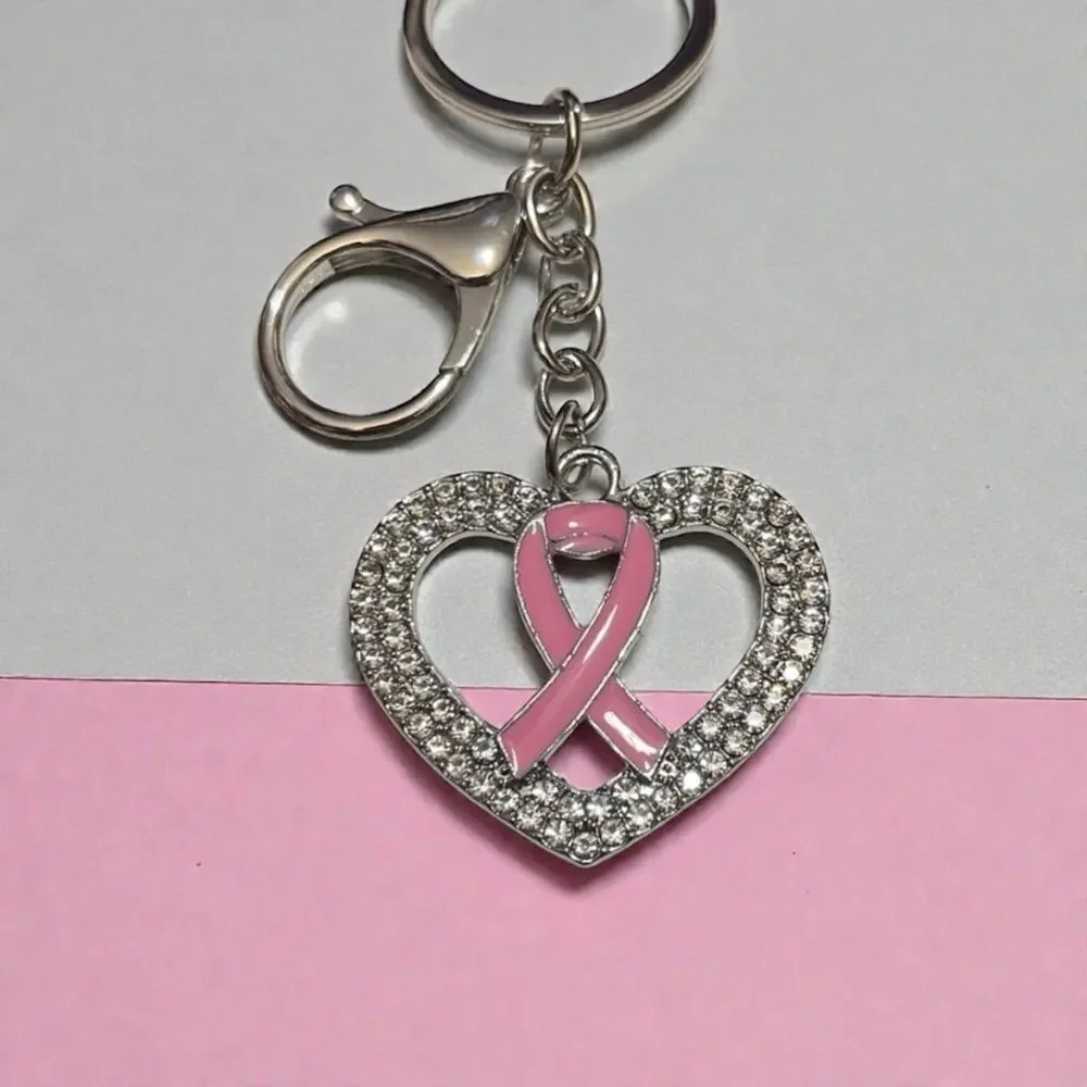 Heart‎ Shaped Crystal Keychain with Pink Breast Cancer Ribbon